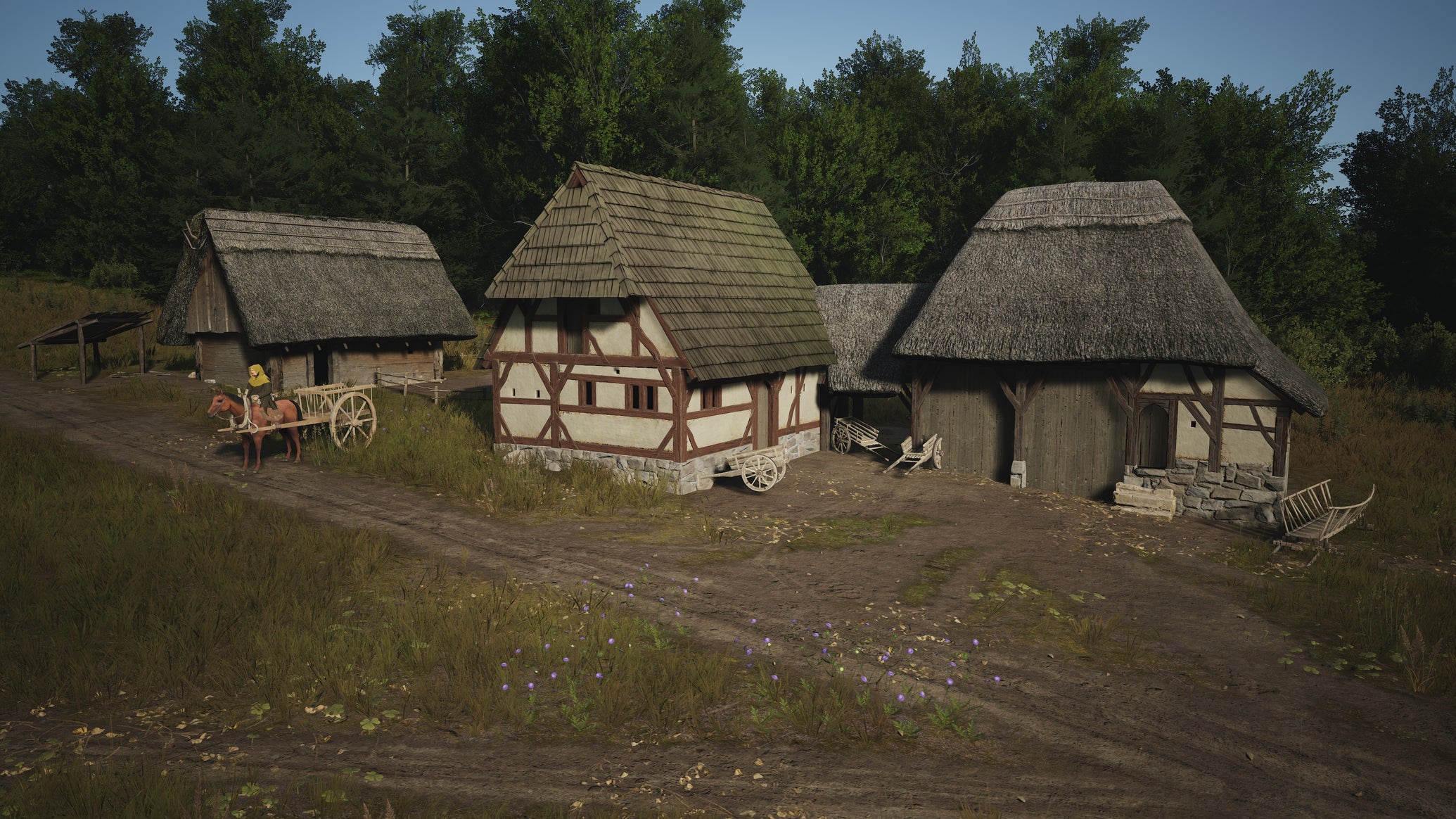 A Trading Post next to a road and a forest in Manor Lords. - 1