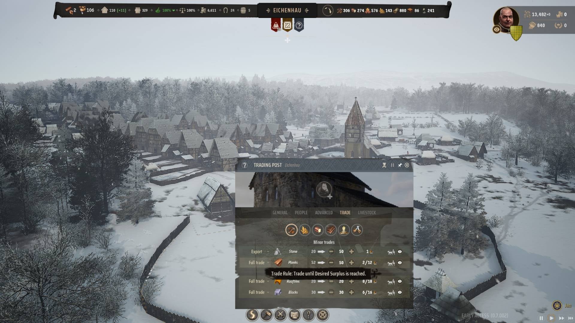 The Trading Post menu screen in Manor Lords