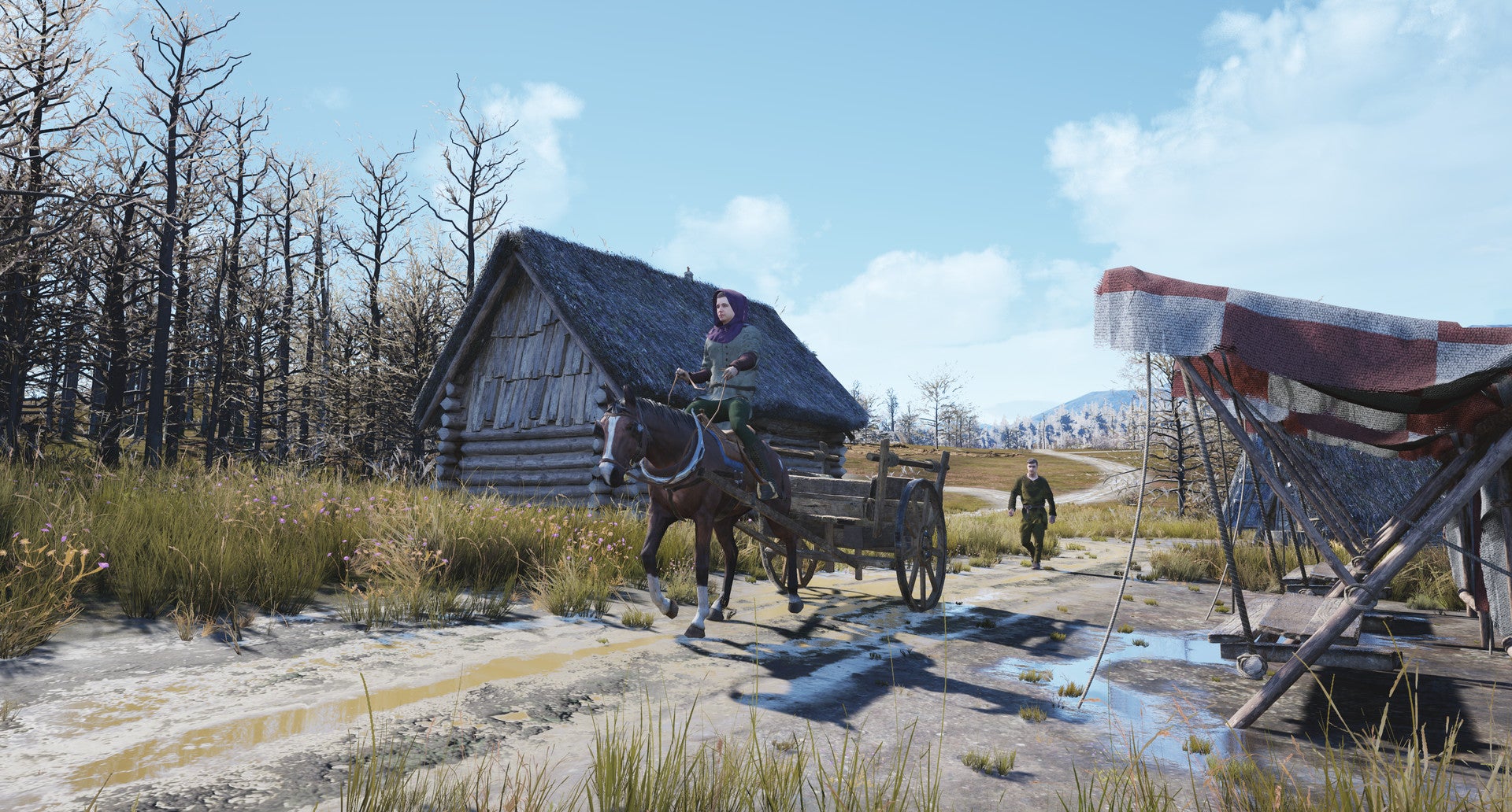 A farmstead and horse and cart in Manor Lords.