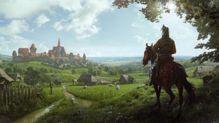 Key art for Manor Lords. An armoured person atop their house surveying the kingdom before them. It is a pastoral idyll, all verdant green and topped with a castle on a hill, like a cherry tops a cake. A, um, grassy cake.