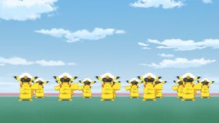 Several Captain Pikachus from Pokémon Horizons: The Series standing with their arms crossed in a taunting way