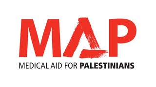 Logo for UK charity Medical Aid for Palestinians, just the word "MAP" with a stylized "a" in the middle to look smeared with a paint brush