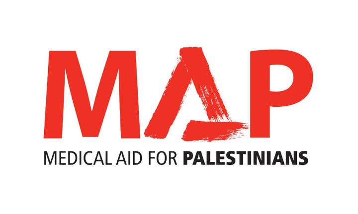 Logo for UK charity Medical Aid for Palestinians, just the word "MAP" with a stylized "a" in the middle to look smeared with a paint brush
