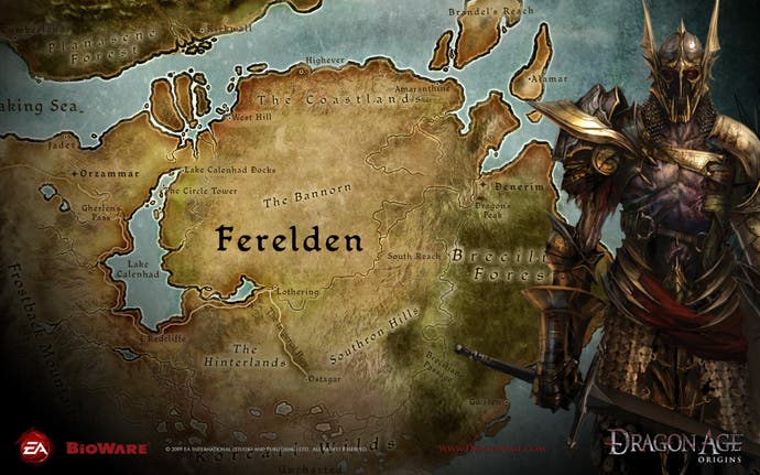 The world map of Dragon Age: Origins, showing the region of Ferelden that you'd adventure around.