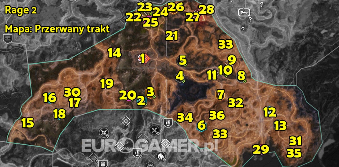 Rage 2 - Mapa: Przerwany Trakt (blokady, kryjówki, gniazda miażdżycieli ...