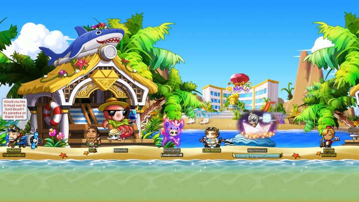 A MapleStory screen showing seven characters relaxing on a beach. An octopus in a hut wearing sunglasses sips on a drink. The hut has a shark on top.