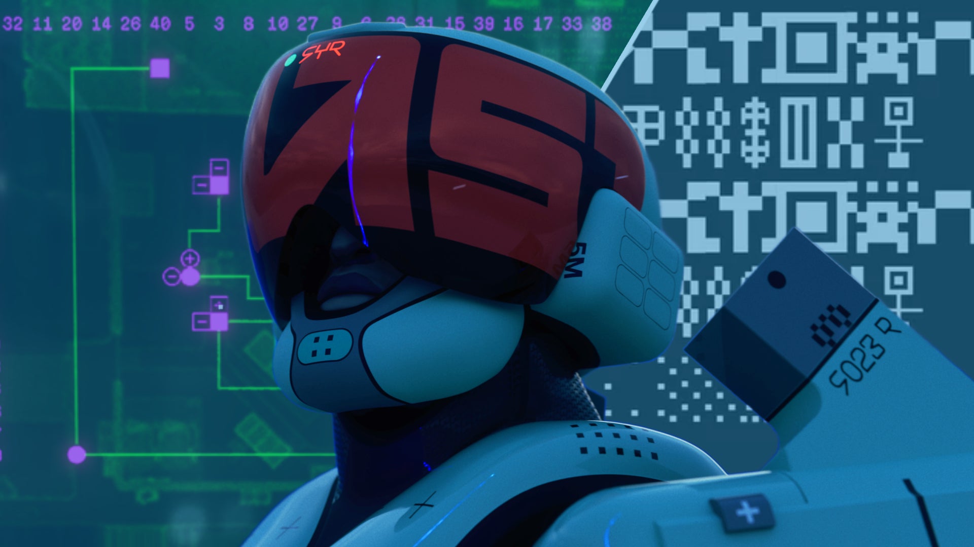 A shell for a runner in Marathon with a code and a maze made of modules behind it.