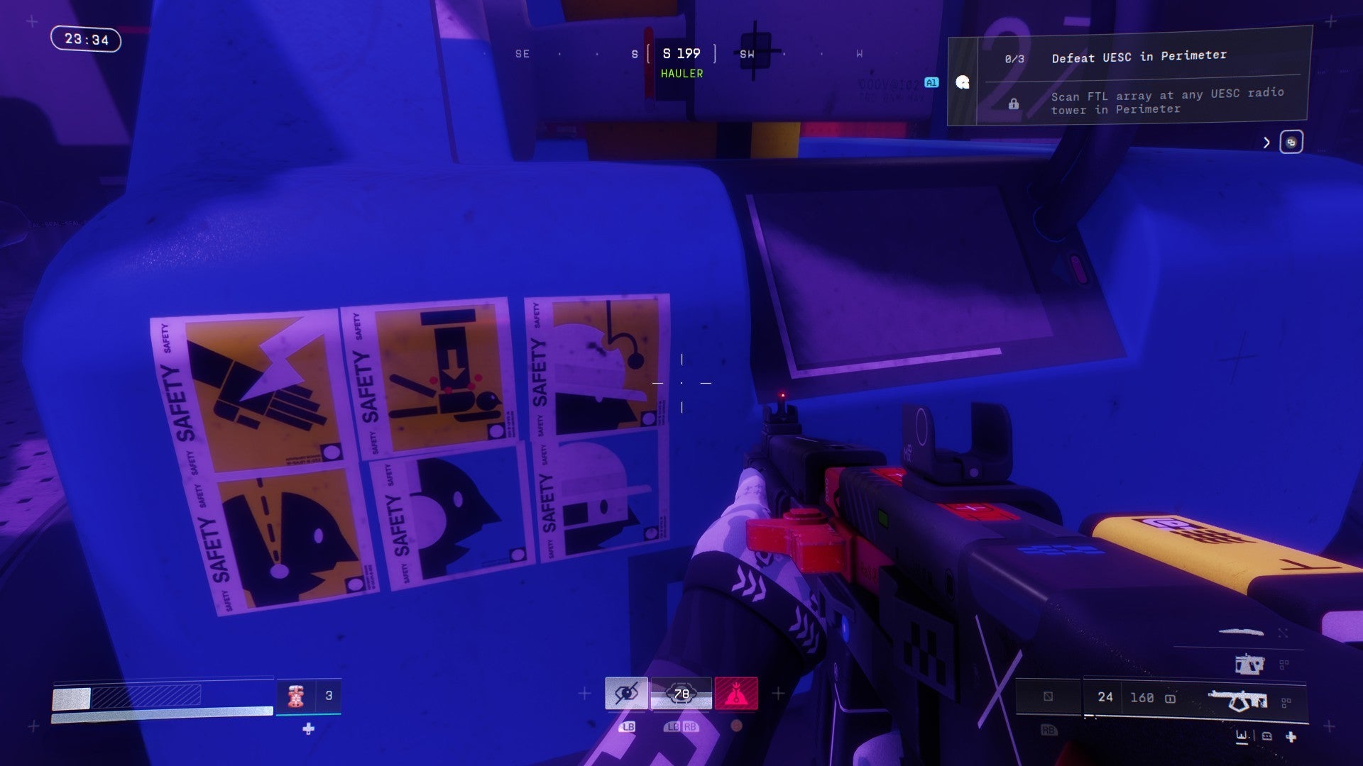Marathon screenshot showing small stickers on a purple box