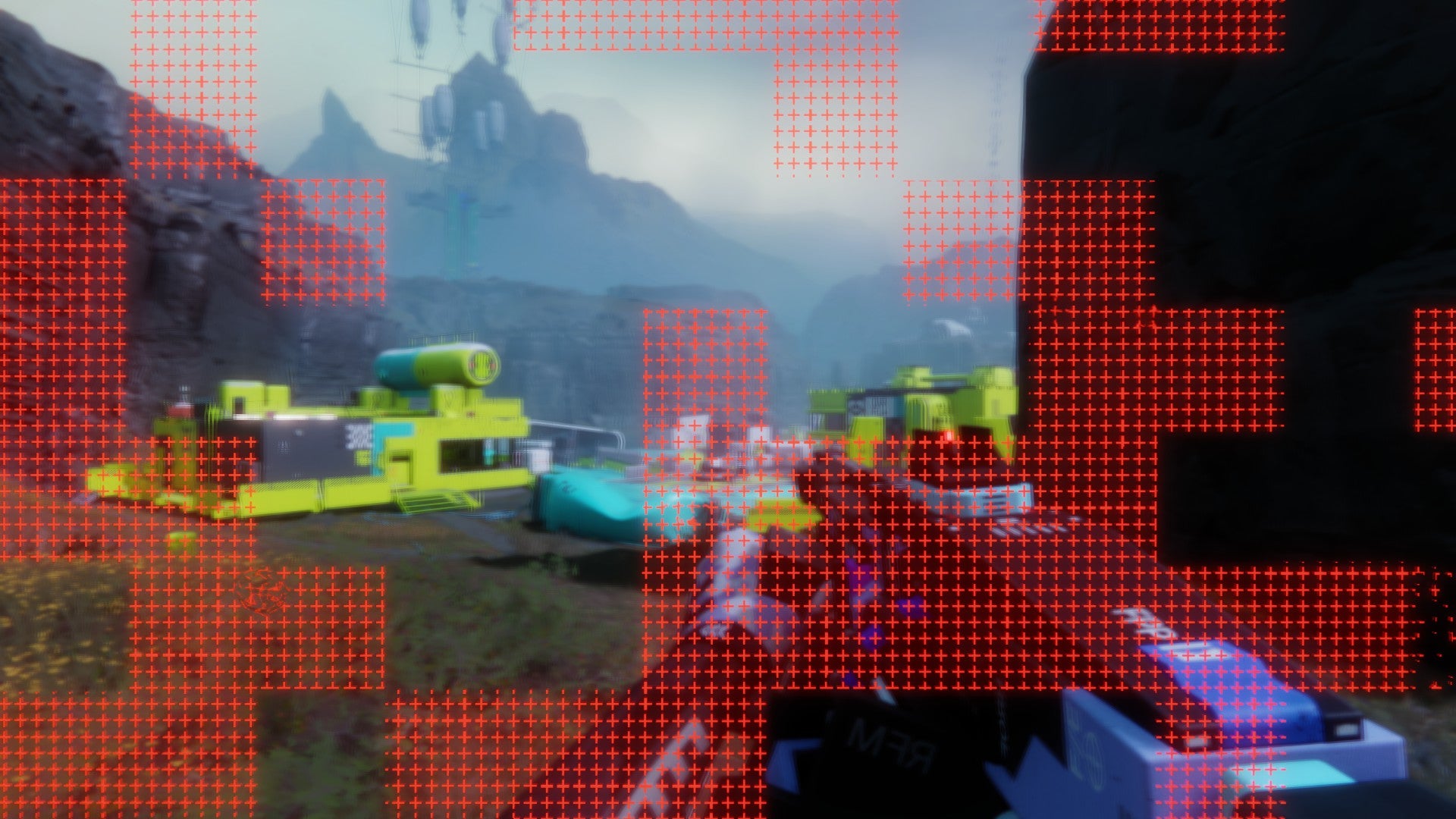 Marathon screenshot showing a player view distorted by red visual squares
