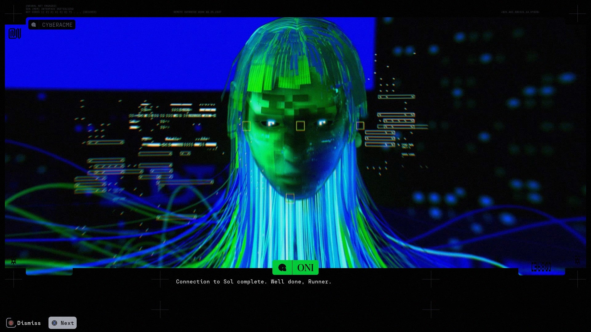 Marathon screenshot showing the green retro CGI head of one of your factions