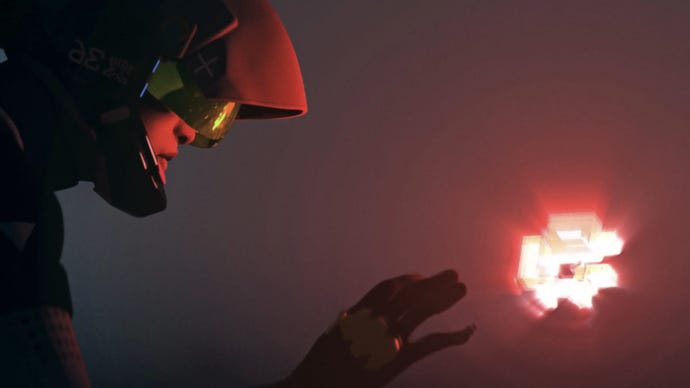 A runner reaches towards a glowing red artifact in Marathon.