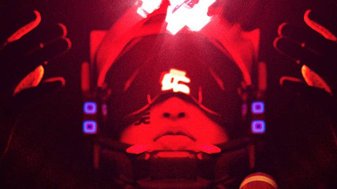 Artwork for Bungie’s Marathon reboot, showing a character wearing a visored helmet bathed in red light.