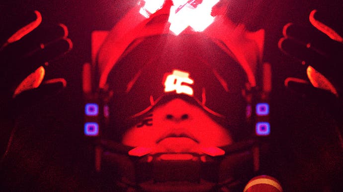 Artwork for Bungie's Marathon reboot, showing a character wearing a visored helmet bathed in red light.