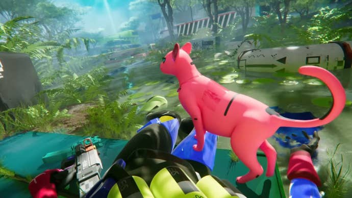 A pink cyborg cat rests on the leg of a defeated soldier in a lush green jungle environment.