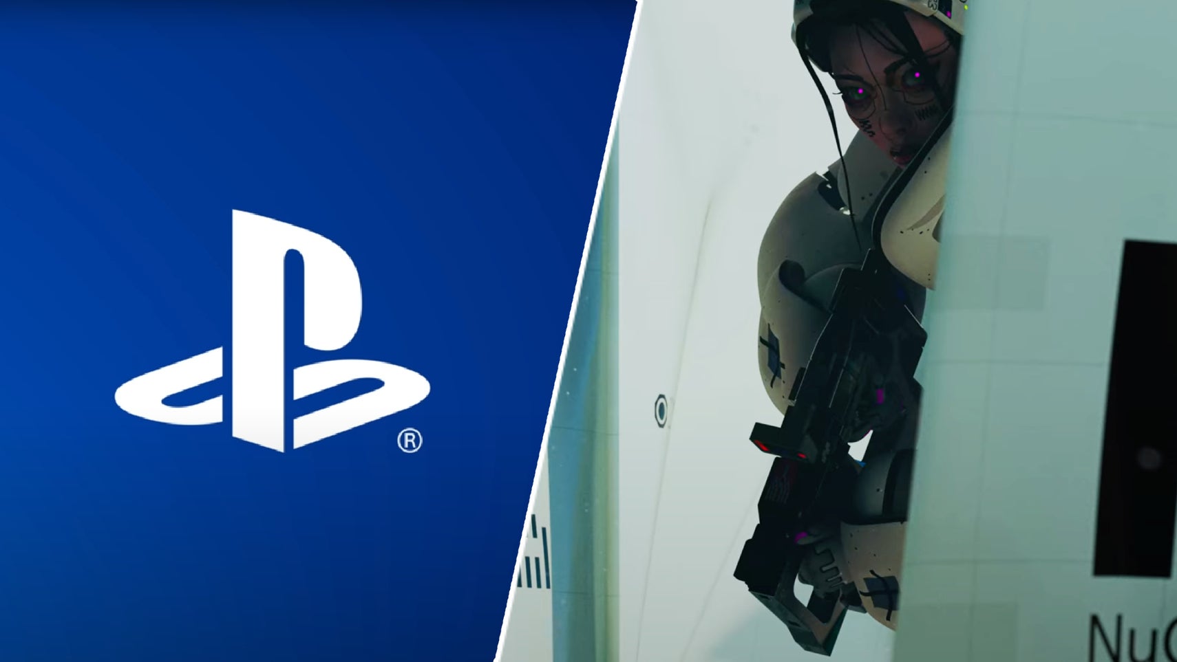 A Marathon character peering around a corner with a gun opposite the PlayStation logo. - 1