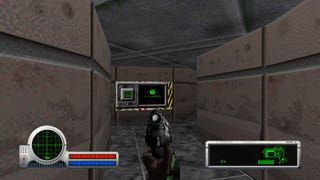 The player aims their gun down a corridor in Classic Marathon