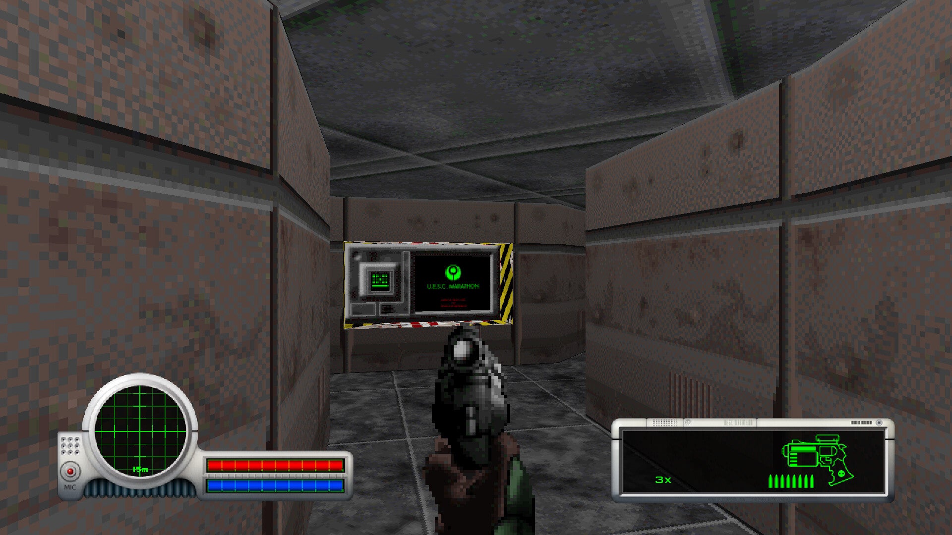 The player aims their gun down a corridor in Classic Marathon - 1