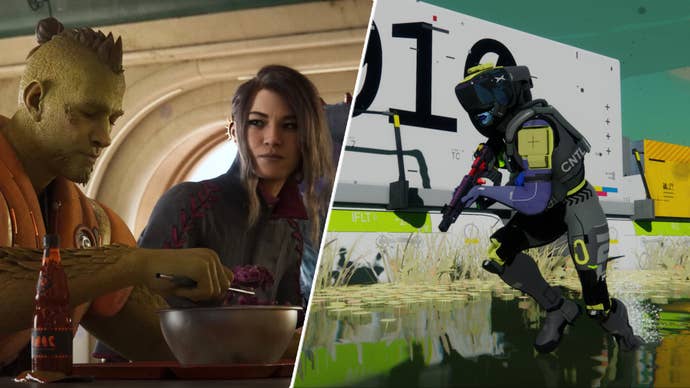 A player running with a gun in Marathon opposite some characters in Concord.