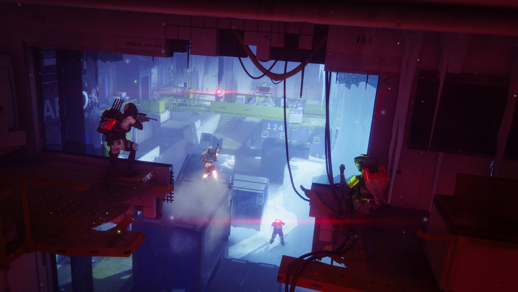 Marathon Cryo Archice gunfight between a crew of runners and UESC robots.