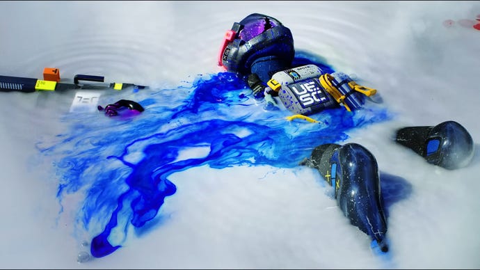 A dead runner sinks into a pool of milky white liquid in the Marathon trailer, with blue liquid spilling from their body.