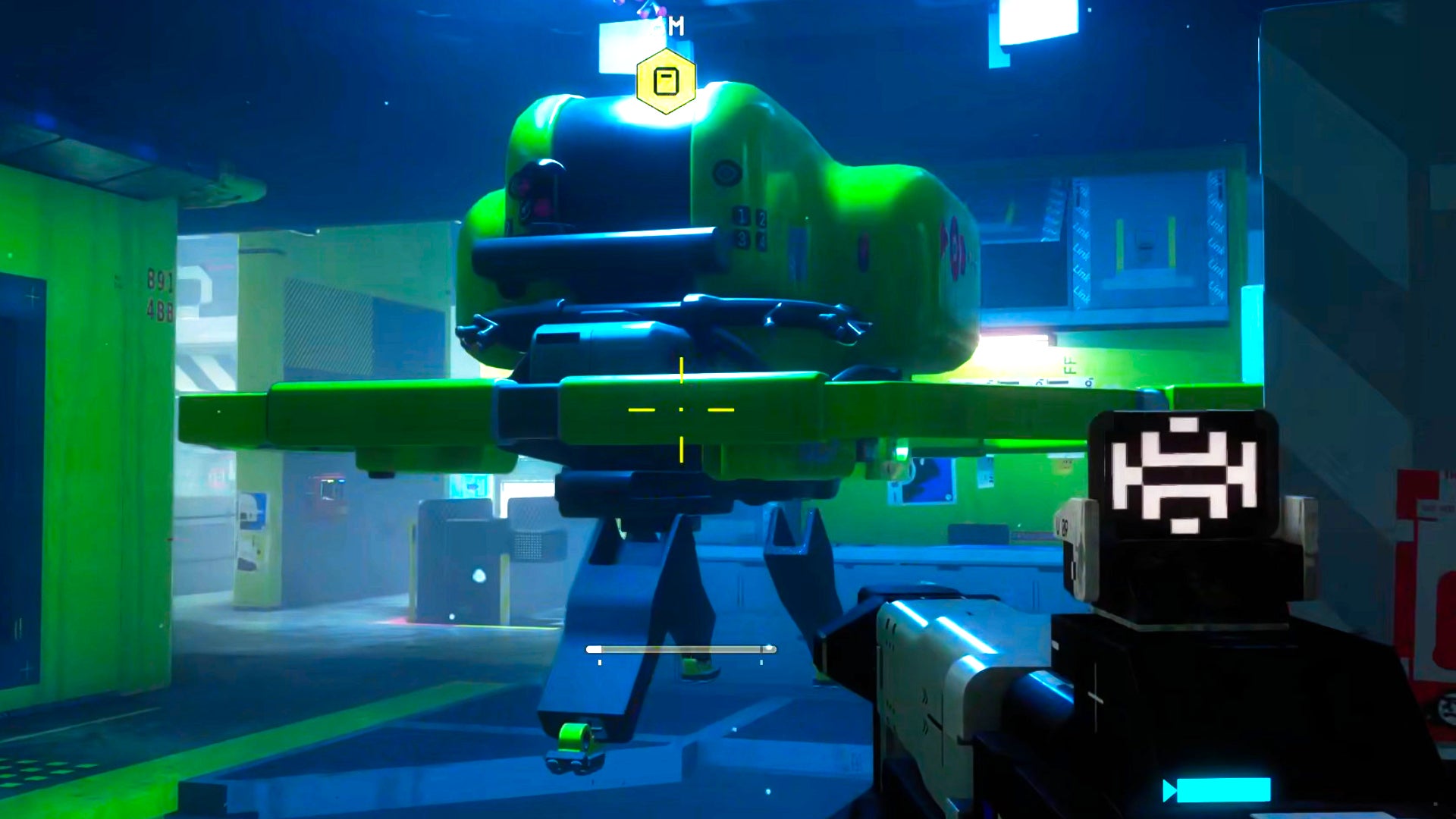 The player in Marathon approaches a large yellow-green drone in order to scan it as part of the Equitable Distribution Priority Contract quest.