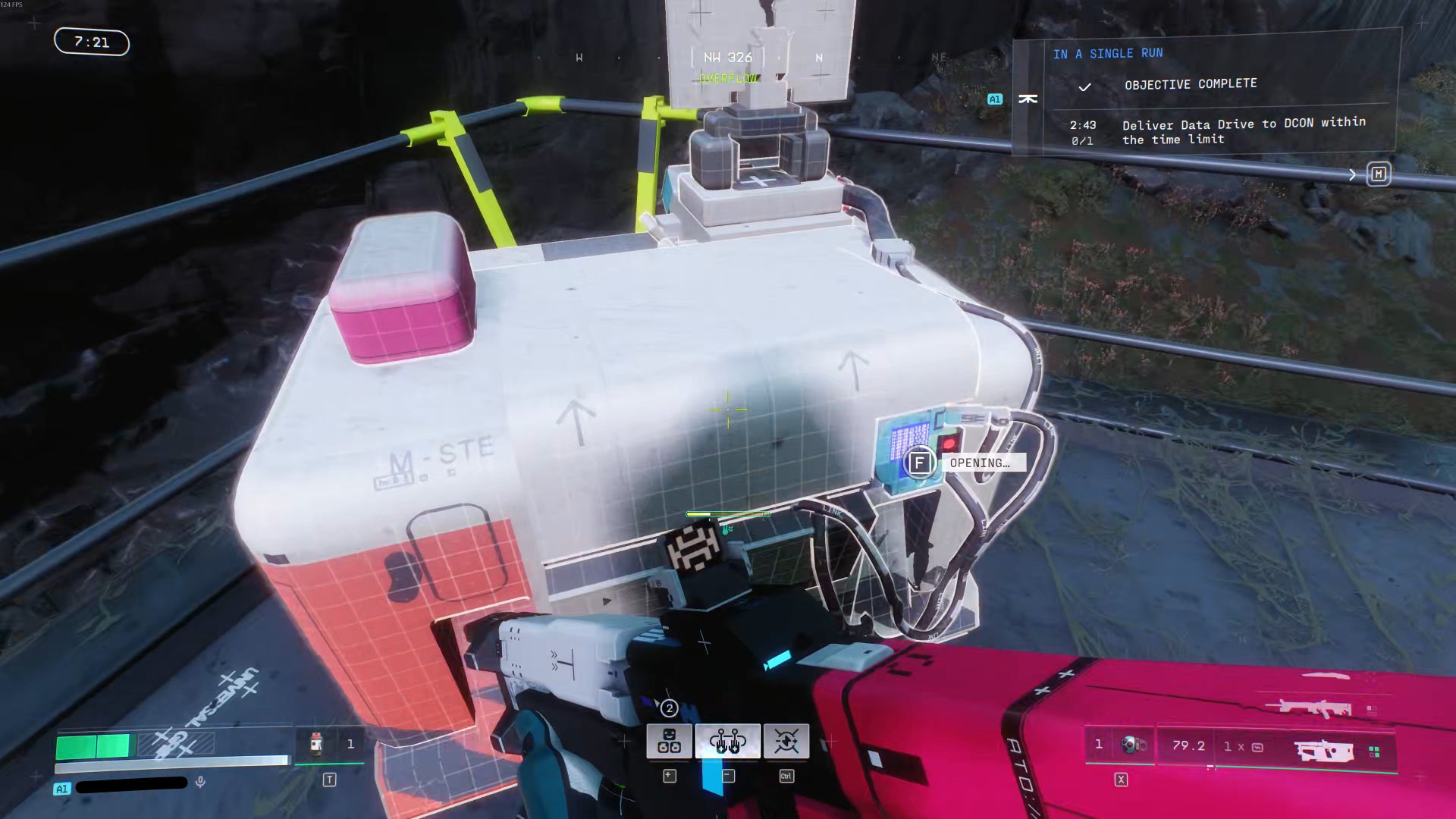 The player in Marathon interacts with a rooftop DCON as part of the Equitable Distribution Priority Contract quest.