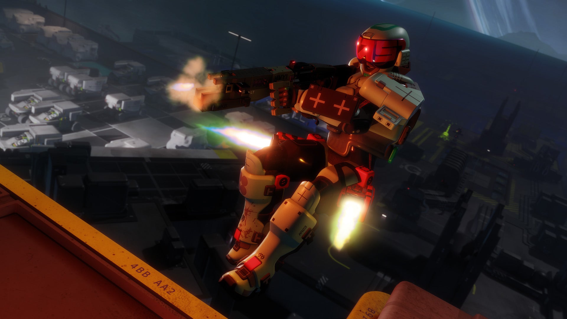 The Destroyer shell runner taking flight while shooting at enemies in Marathon