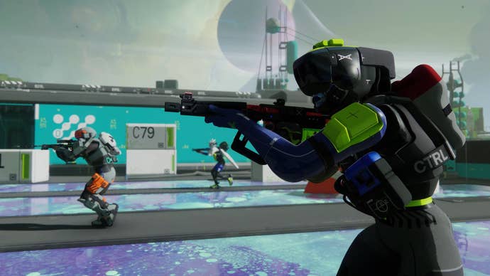 A sci-fi team of three people holding guns walking somewhere in Marathon.