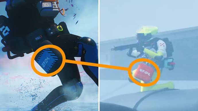 Two side-by-side screenshots of runners in the Marathon trailer, with orange circles highlighting the number “27.04.” on both runners' packs.