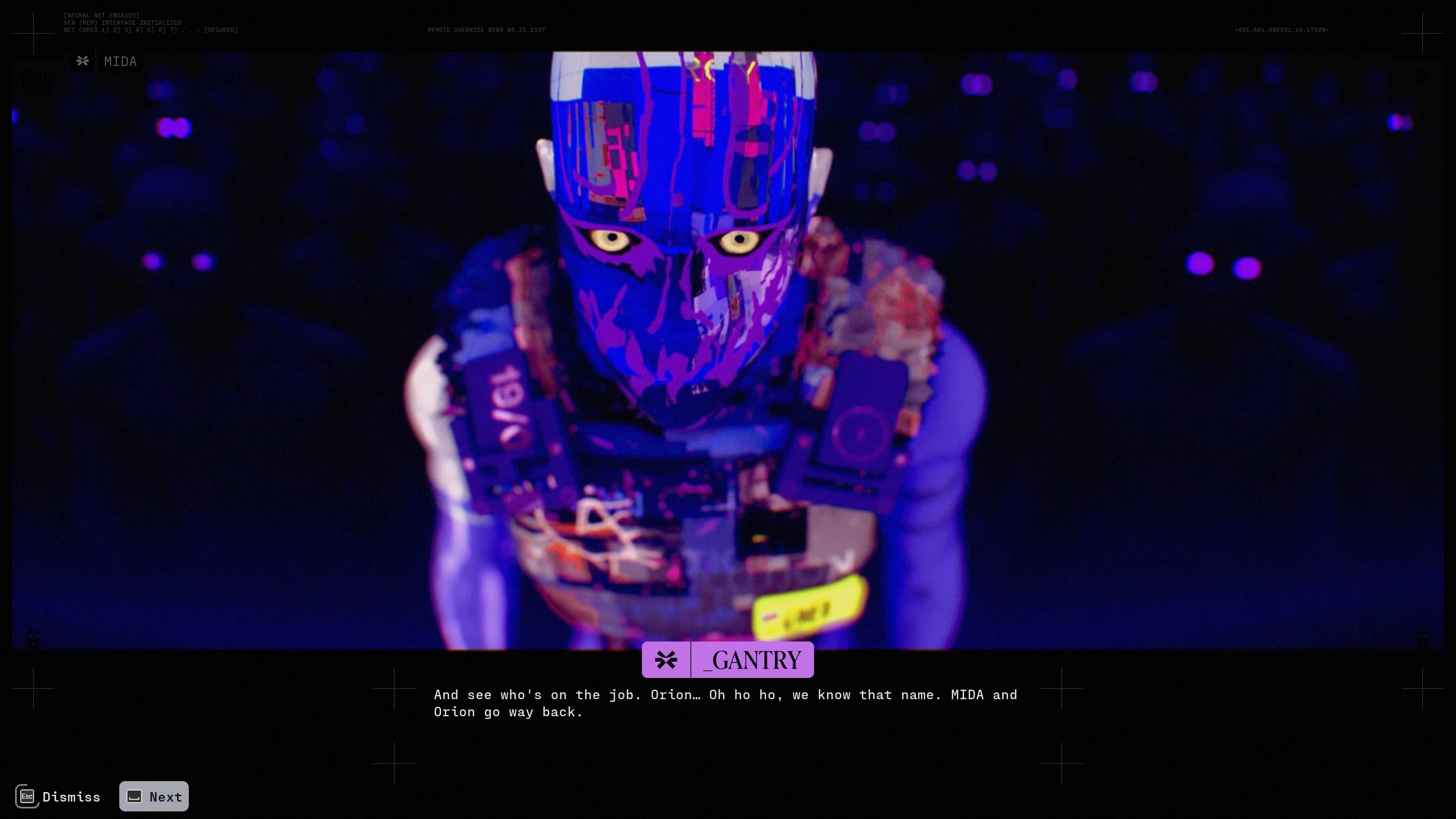 A screenshot of Marathon, showing the player speaking with the MIDA representative _Gantry in a custcene.