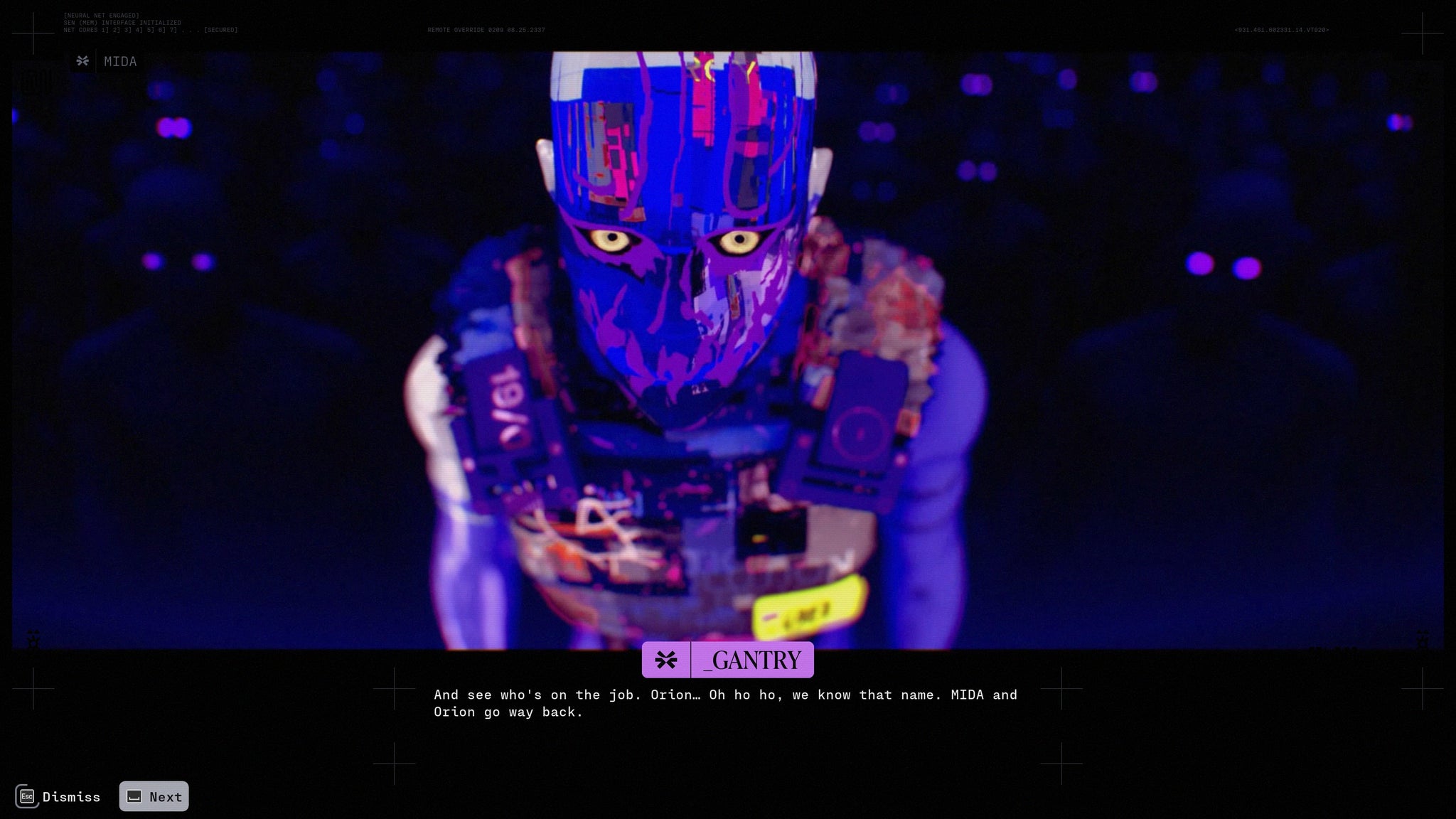 A screenshot of Marathon, showing the player speaking with the MIDA representative _Gantry in a custcene.