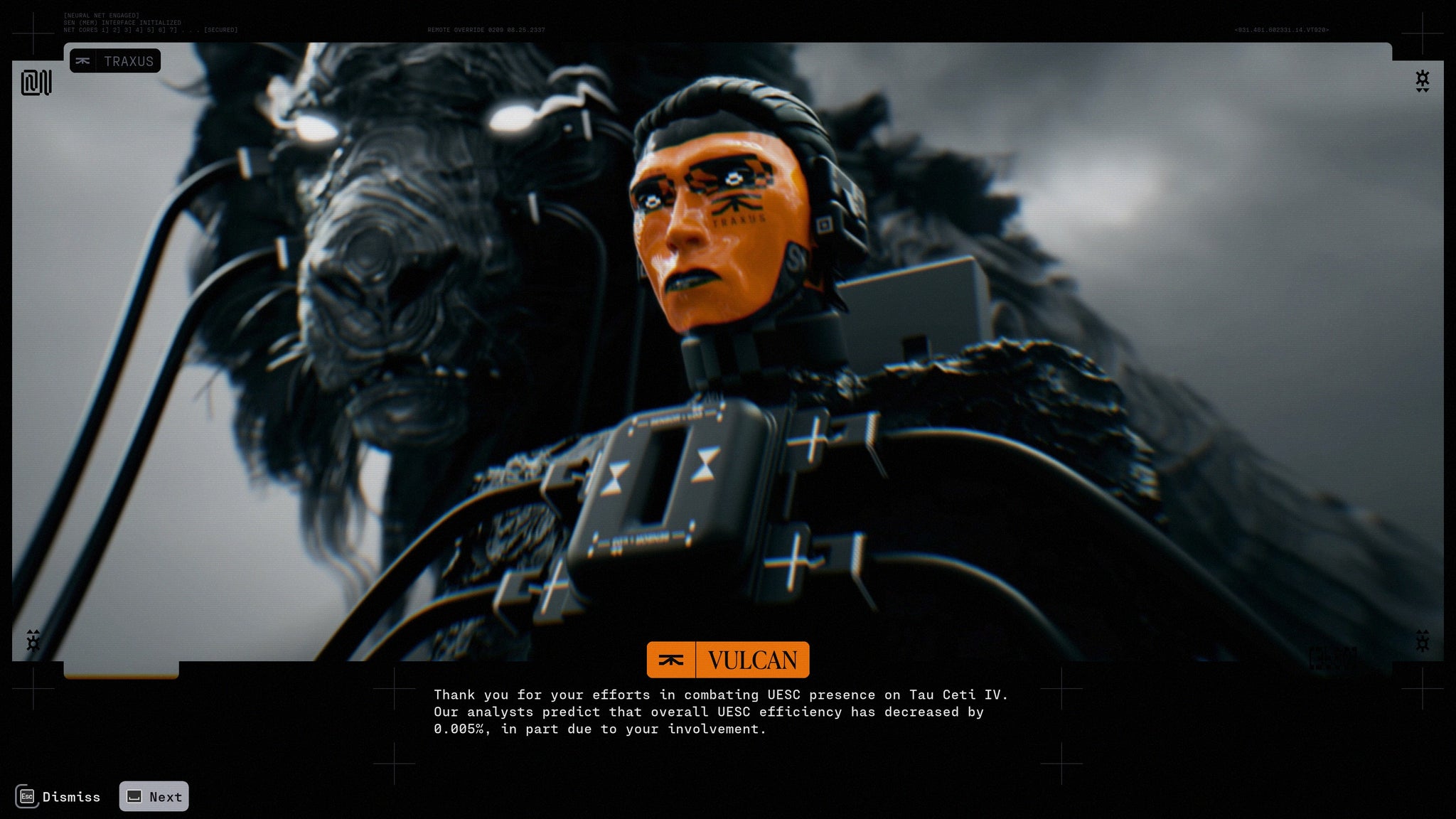 A screenshot of Marathon, showing the player speaking with the Traxus representative Vulcan.