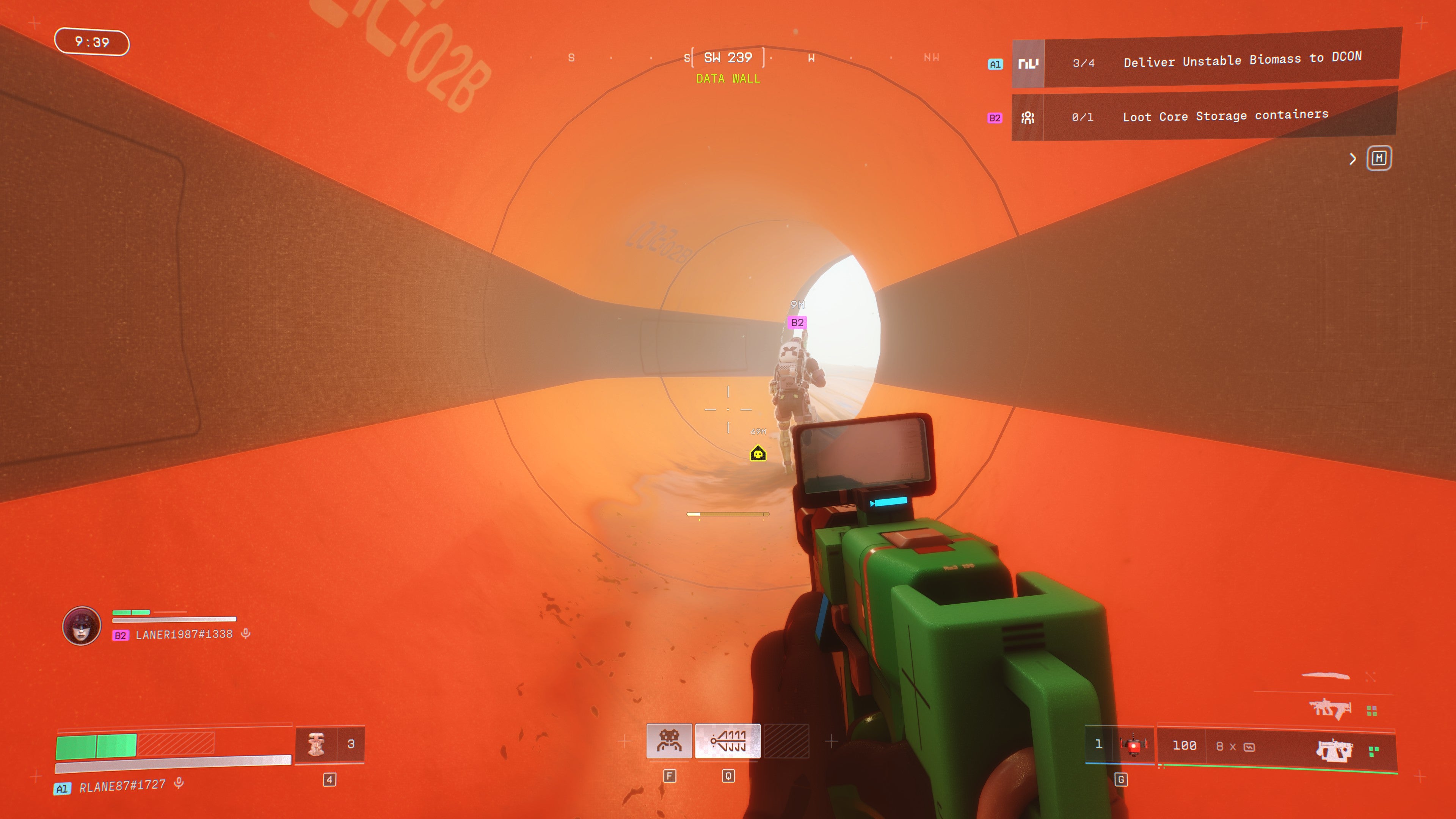 A screenshot of Marathon, showing players travelling through a pipe in Perimeter.