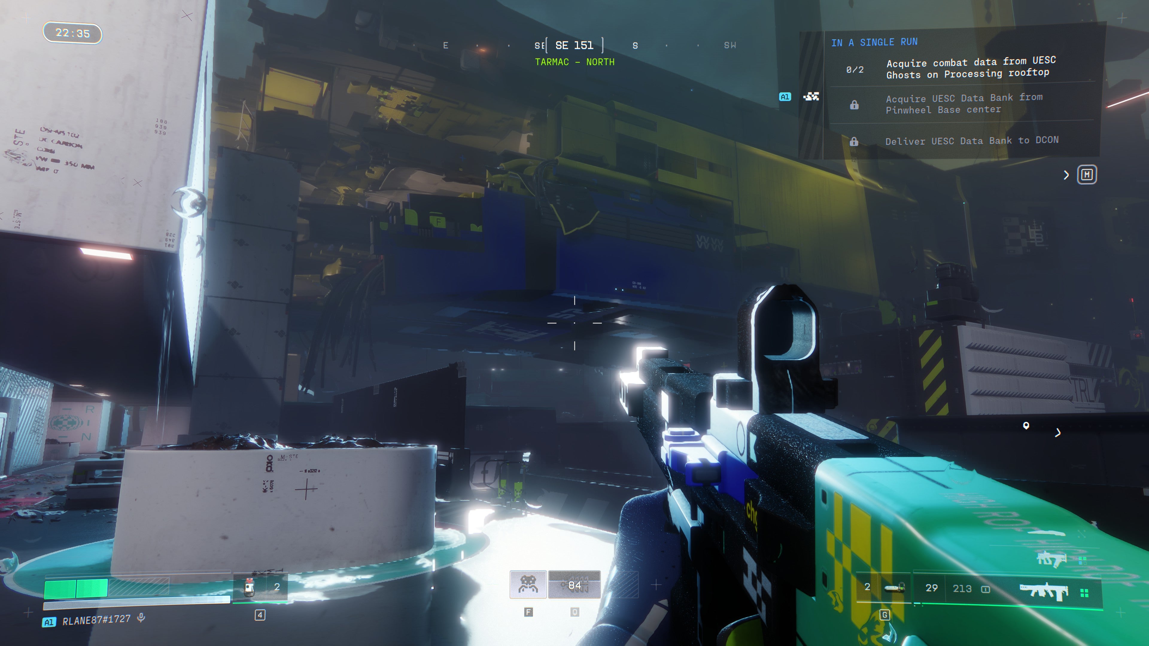 A screenshot of Marathon, showing the player looking up at the damaged Pinwheel base in Outpost.