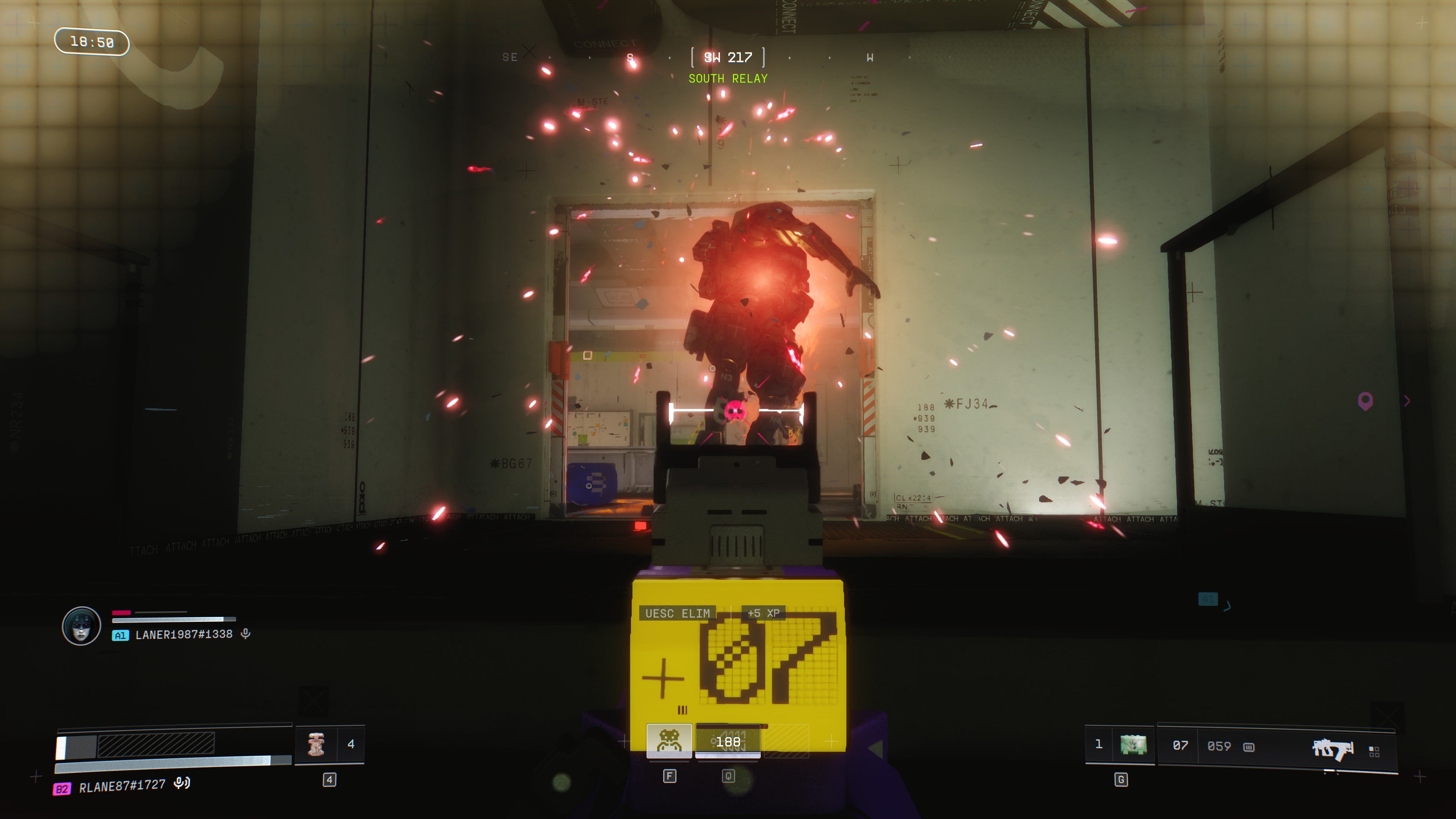 A screenshot of Marathon, showing the player eliminating another player in Outpost.