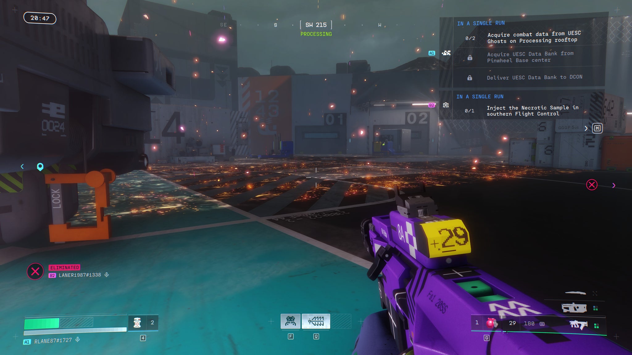 A screenshot of Marathon, showing the player sheltering from a Heat Cascade event in Outpost.