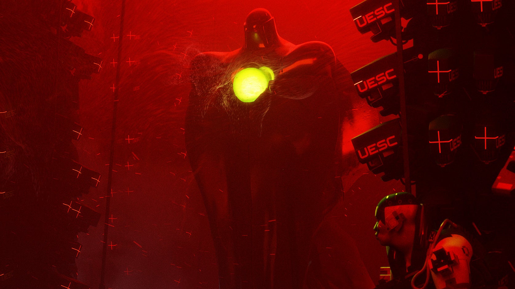 Marathon key art showing a giant robotic figure, statuesque, against deep red-hued air and with a glowing yellow orb in its chest, runner in the foreground.