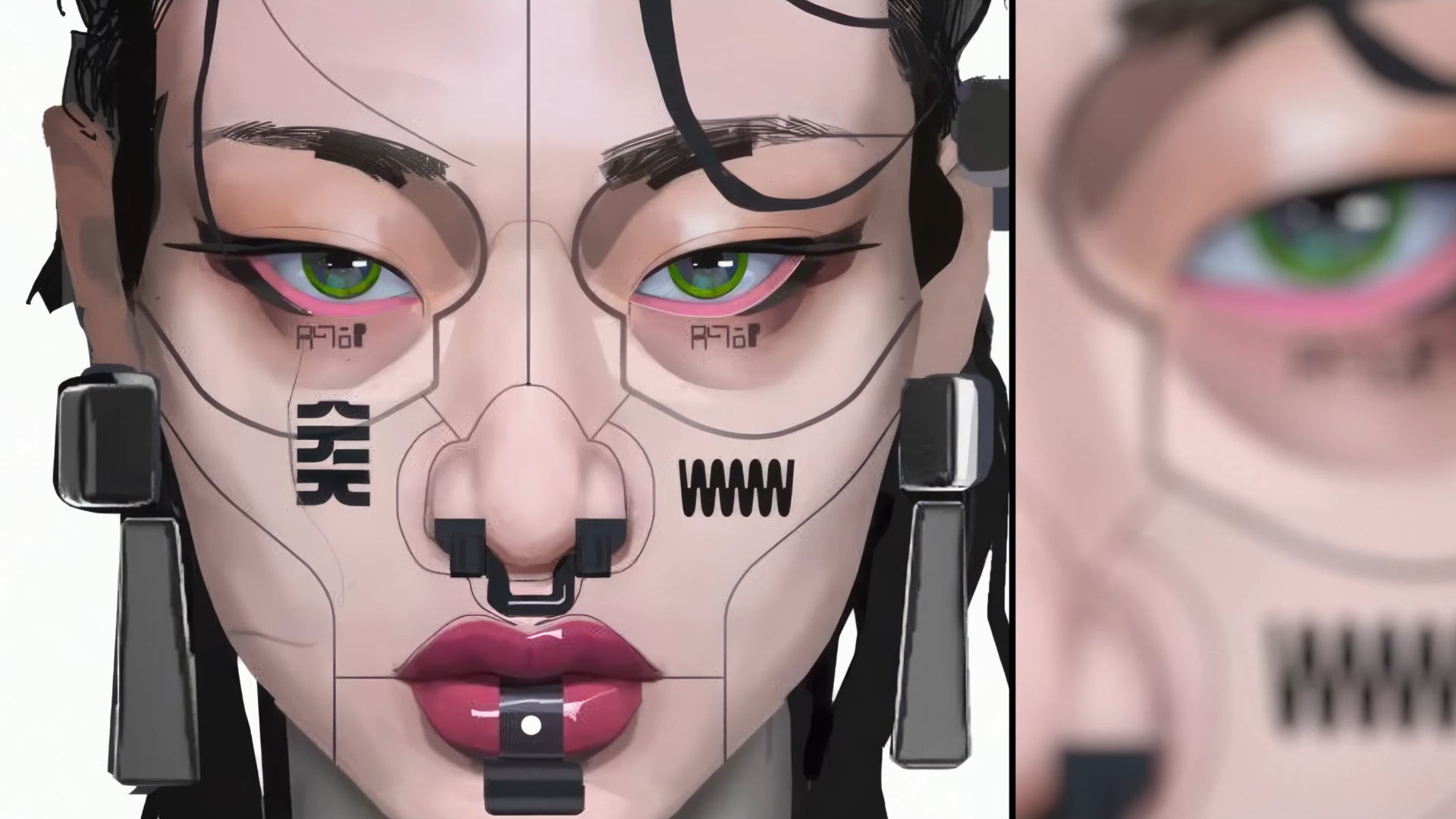 Concept art of a close-up of a runner's cybernetic face in Marathon. - 1