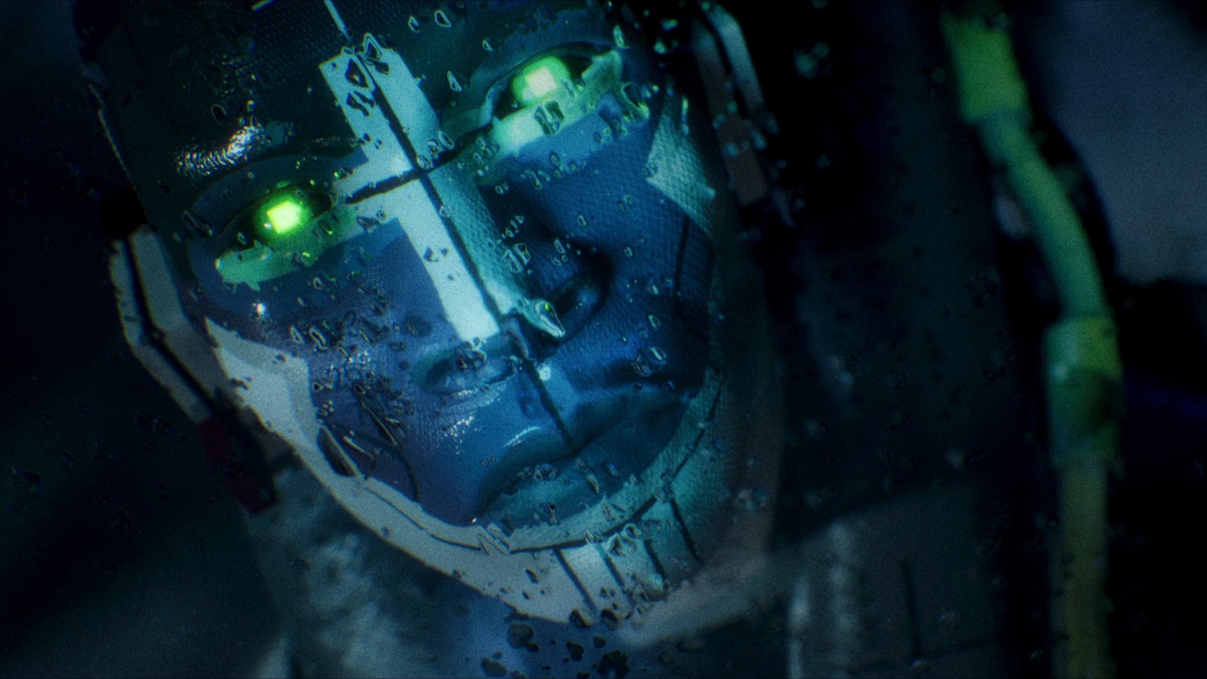 An image from Marathon's launch trailer, showing the face of the male Shell Triage