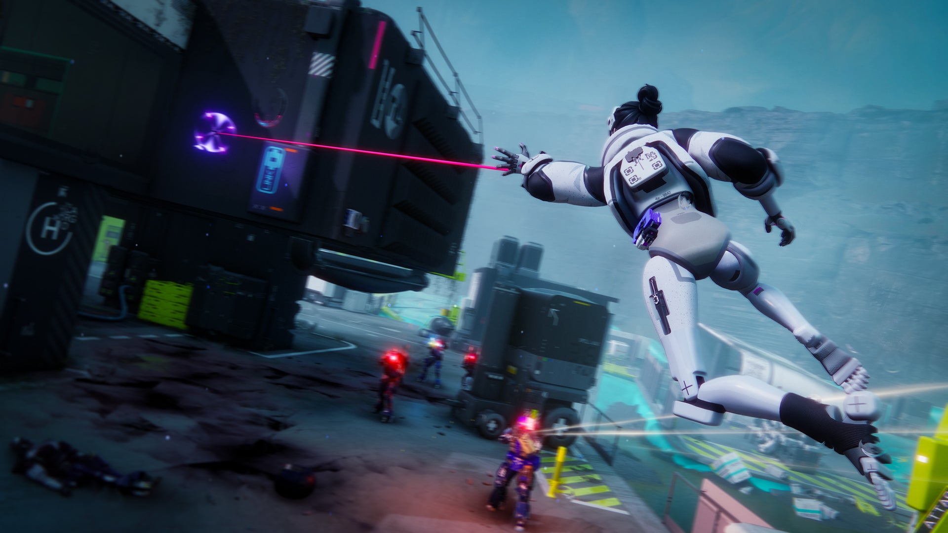 A screenshot of Marathon, showing Thief using her grappling hook to escape a combat encounter.