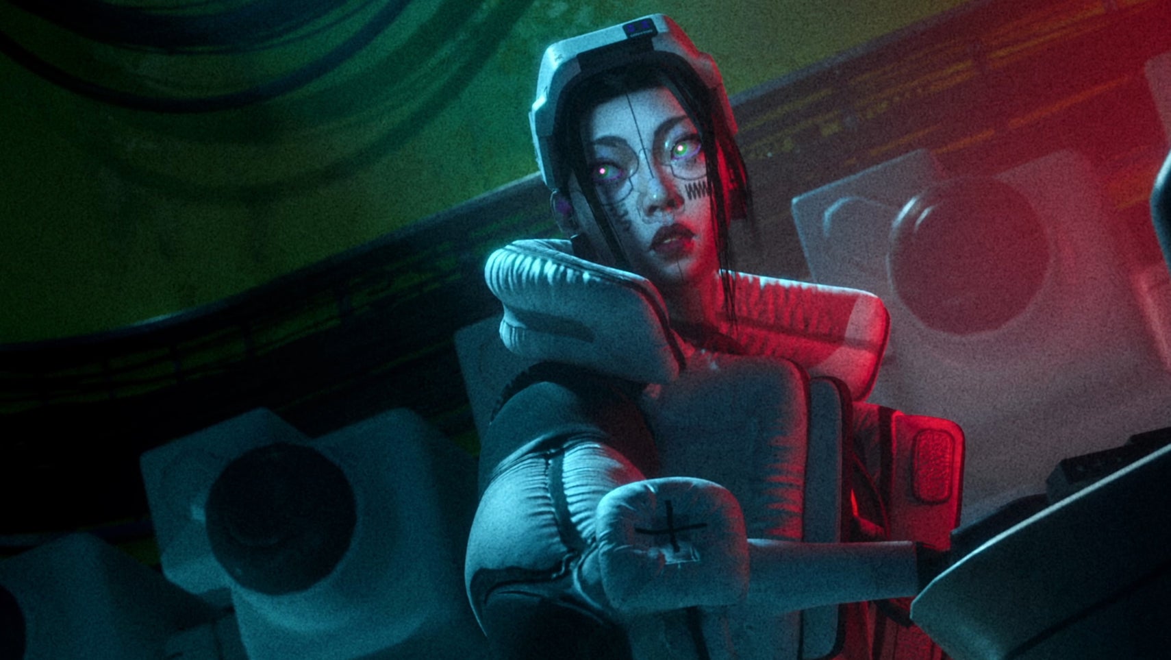 An image from Marathon's launch trailer, showing Thief looking surprised as she explores an area. Cropped.