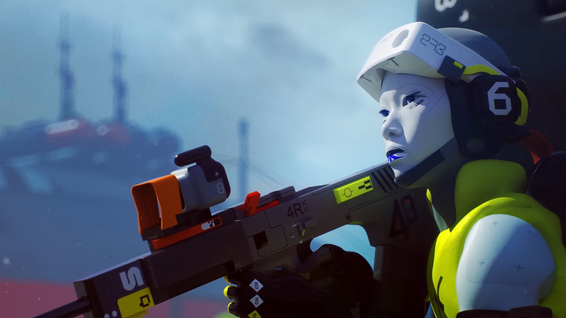 A cybernetic runner in the Marathon trailer aims with a rifle at an enemy off-screen. - 49