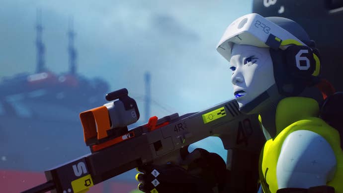 A cybernetic runner successful the Marathon trailer aims with a firearm astatine an force off-screen.