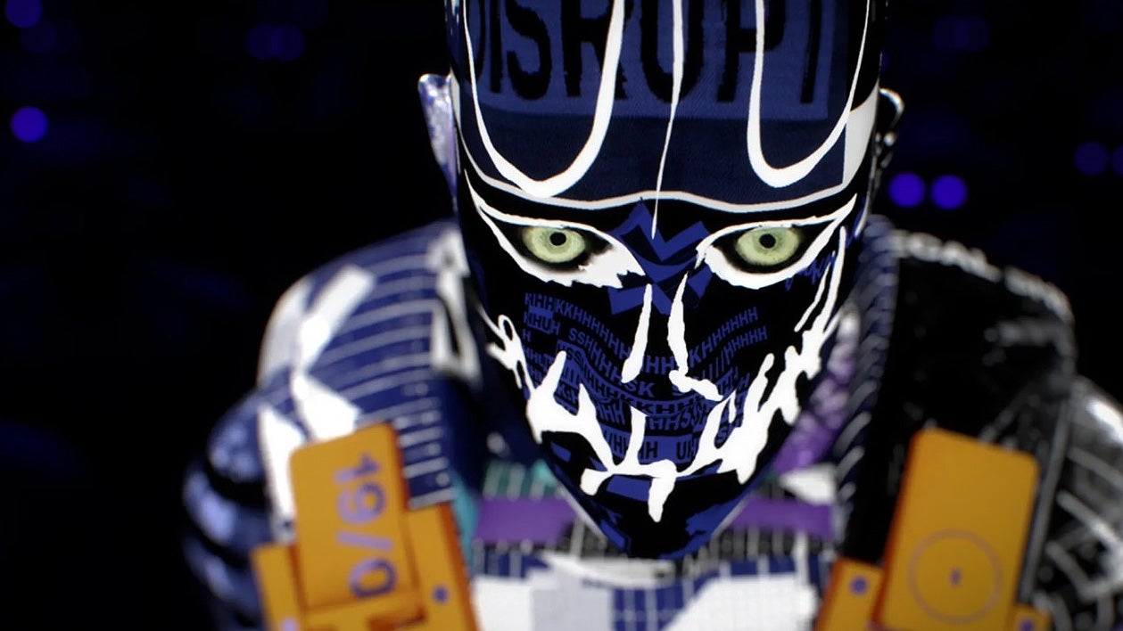 A closeup of a dark blue and neon white painted character in Bungie's Marathon, with "disrupt" written across their forehead.