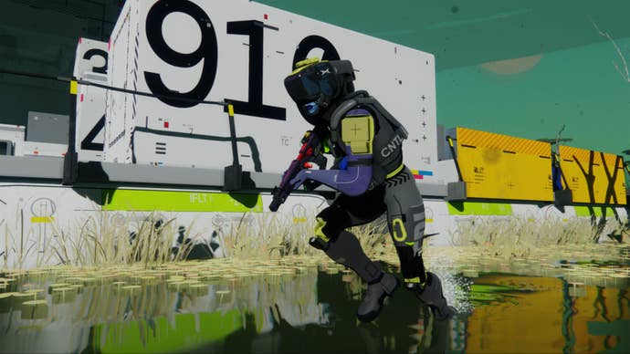 A subordinate with a weapon runs done ankle-deep h2o successful beforehand of a alloy panel.