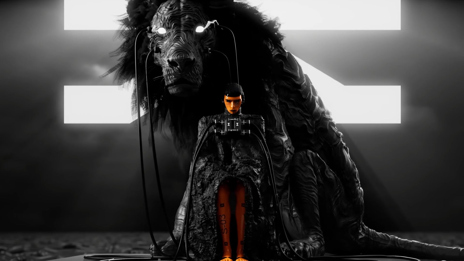 A Marathon cinematic shot of Vulcan, the orange-skinned, black-clad AI spokesperson of Traxus Industries, one of the game's major factions. Behind Vulcan is a gigantic lion, entirely in black and white, ahead of a black and white background.