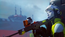 A white crash dummy character holds a sniper rifle in Marathon
