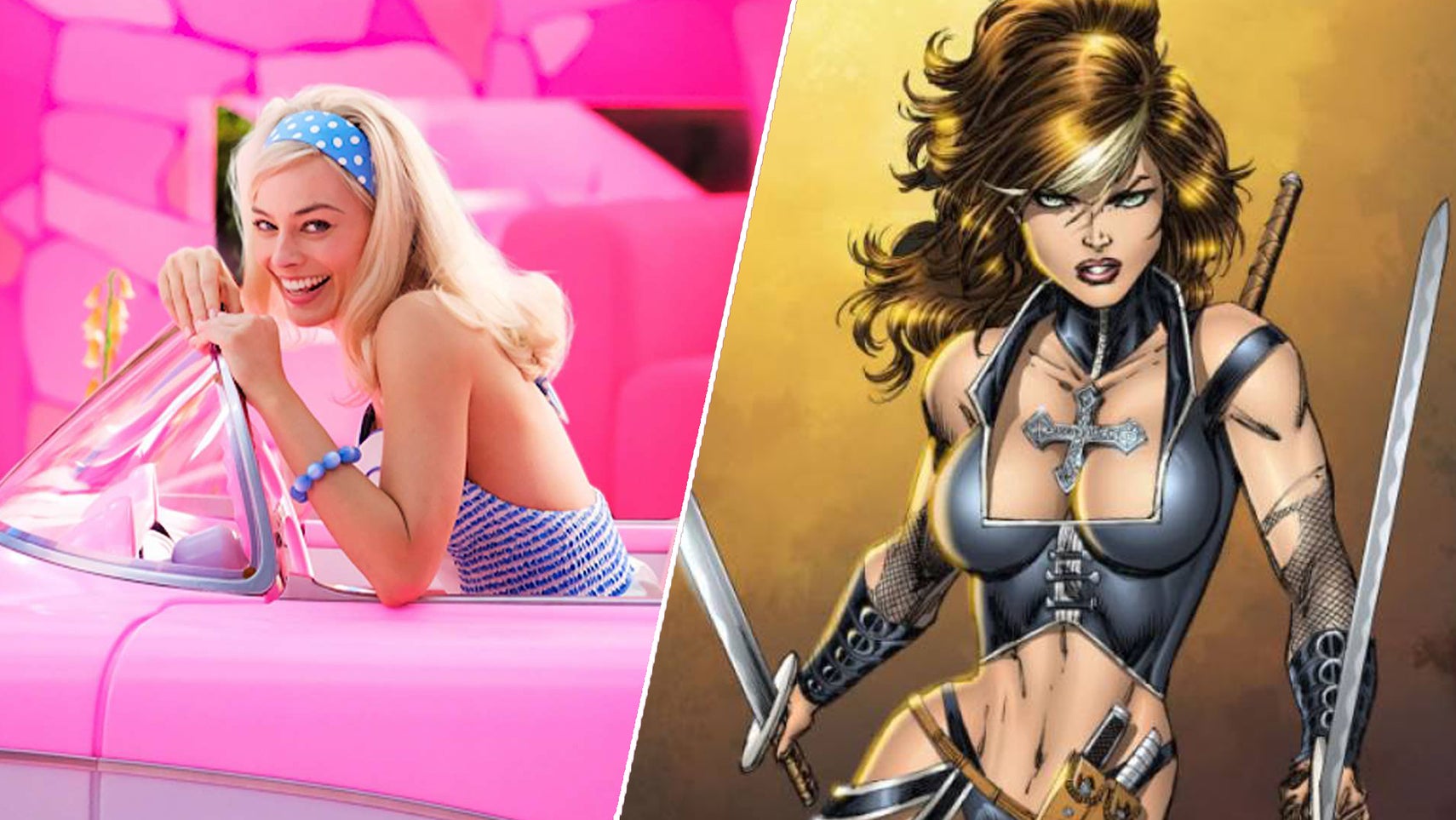 On the left, Margot Robbie as Barbie, sat smiling and hunched over in a pink car. On the right, Avengelyne, a warrior-looking woman holding two swords. - 1