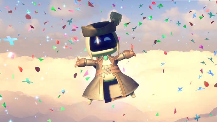 Astro Bot in Lady Maria from Bloodborne cameo wearing long coat and hat with feather