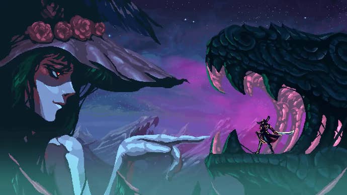 A warrior stands before the giant figure of Death in Mariachi Legends.